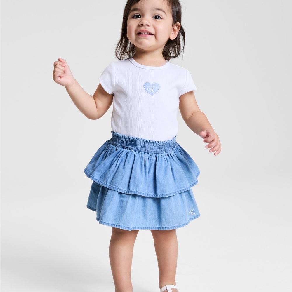 Calvin Klein White Tee with Light Blue Tiered Denim Skirt - Girls